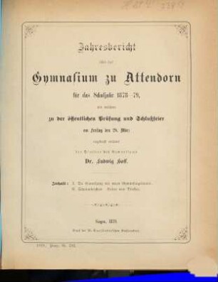 Jahresbericht des Städtischen Gymnasiums zu Attendorn : über d. ... Schuljahr ..., 1878/79