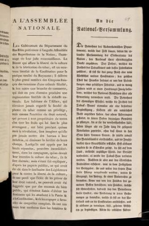 1r-1v, A L´Assemblée Nationale; An die National-Versammlung
