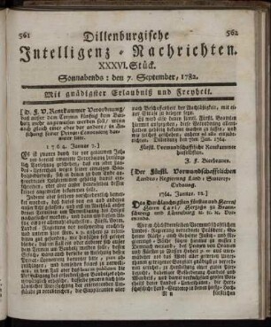 XXXVI. Stück. Sonnabends : den 7. September, 1782.
