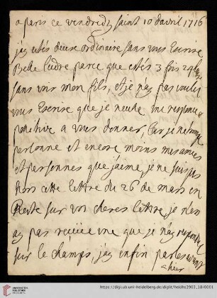 Elisabeth Charlotte (Liselotte) von der Pfalz - Briefe: Brief von Elisabeth Charlotte (Liselotte) von der Pfalz, Herzogin von Orléans, an Madame de Ludres