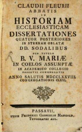 In historiam Ecclesiasticam : dissertationes 4 posteriores