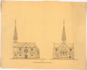 Unzugeordnete Sakralbauten: Seiten- und Choransicht einer Kirche 1:200