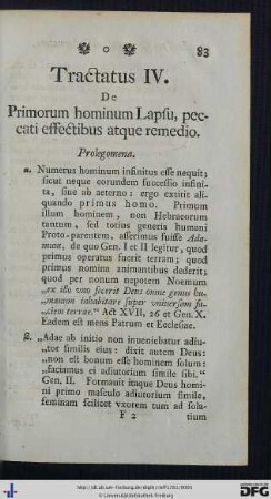 Tractatus IV. De Primorum hominum Lapsu, peccati effectibus atque remedio.