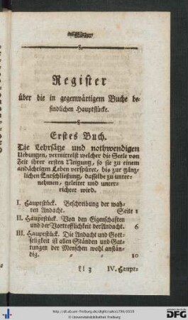 Register über die in gegenwärtigem Buch befindlichen Hauptstücke.