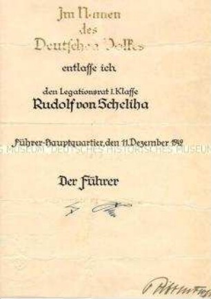 Entlassungsurkunde für Rudolf von Scheliha, unterzeichnet von Hitler und Ribbentrop (Faksimiles?)