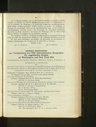 Deutsche Zentralstelle zur Vorbereitung des VIII. Internationalen Kongresses für angewandte Chemie zu Washington und New York 1912.