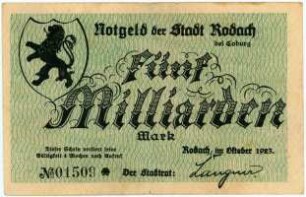 Geldschein / Notgeld, 5 Milliarden Mark, 10.1923