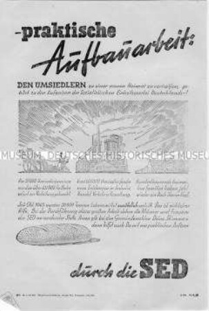 Illustrierte Propagandaflugblatt der SED zur Gemeindewahl 1946 mit Ausrichtung auf die Umsiedler