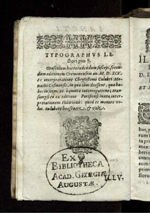 Typographus Lectori pio S.