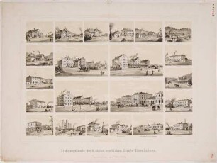 Bilderbogen mit Bahnhofsgebäuden der Königlich Sächsischen Östlichen Eisenbahnen mit vier größeren (Bahnhöfe in Zittau, Reichenberg (Liberec, Tschechische Republik), Freiberg, Böhmischer Bahnhof in Dresden) und 18 kleineren Ansichten