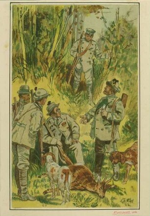 Abbild eines Aquarells von Emil A. Gottschaldt: Jagdgesellschaft