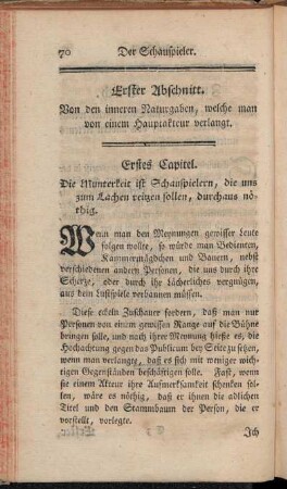 Erstes Capitel. Die Munterkeit ist Schauspielern, die uns zum Lachen reitzen sollen, durchaus nöthig.