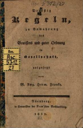 Dreißig Regeln zu Bewahrung des Gewissens und guter Ordnung in Gesellschaft