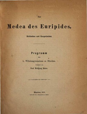 Zur Medea des Euripides : Kritisches und Exegetisches