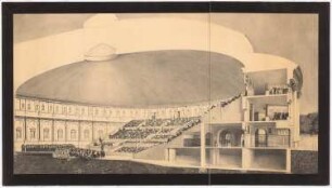 Deutsches Festspielhaus (Theater der 10.000), Berlin: Perspektivische Ansicht des Zuschauerraumes, Schnitt der Ränge und des Daches