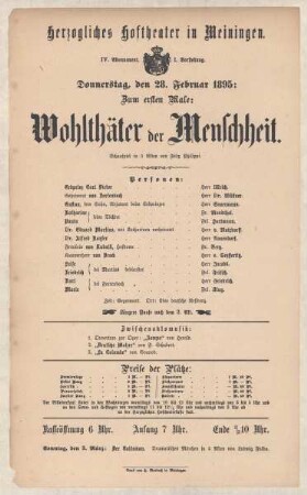 Theaterzettel zur Erstaufführung des Schauspiels "Wohlthäter der Menschheit. von Felix Philippi" in der Spielzeit 1894/95 des Herzoglichen Hoftheaters in Meiningen.