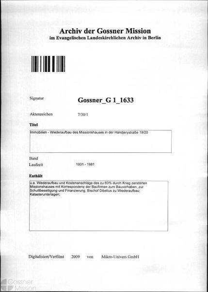 Immobilien - Wiederaufbau des Missionshauses in der Handjerystraße 19/20 | Digitalisierung: Evangelisches Landeskirchliches Archiv in Berlin