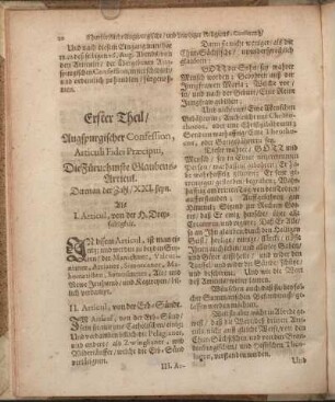 Erster Theil/ Augspurgischer Confession, Articuli Fidei Præcipui, Die Fürnehmste Glaubens-Articul.