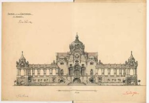 Gartensaal Monatskonkurrenz April 1901: Aufriss Vorderansicht 1:100; Maßstabsleiste