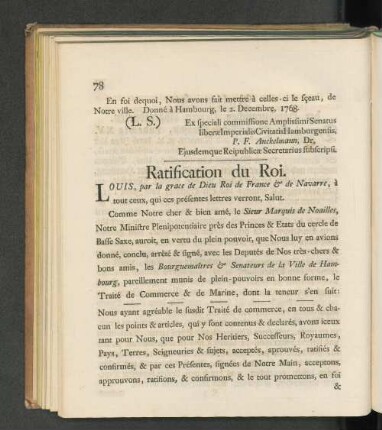 Ratification du Roi. / Sr. Allerchristl. Majestät Ratification.