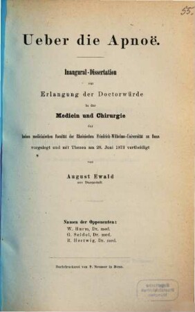 Ueber die Apnoë : Inaugural-Dissertation