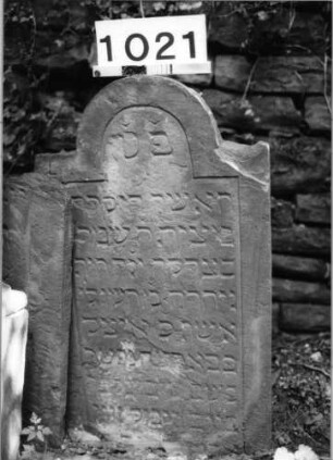 Grabstein 1021 (Index: 99630524) Material: Sandstein Zustand: verwitt/Textverl/letzte Zeile abgebroch. Maße HxBxT: 84x50x7 cm Beschreibung: Stele mit eingezogenem Rundbogenabschluß: Grabstein 1021