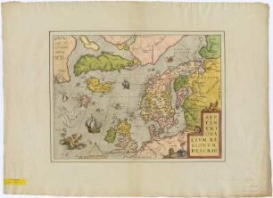 Karte von Nordeuropa, ca. 1:10 900 000, Kupferstich, 1570 : Septentrionalium regionum descriptio : Cum privilegio / [hrsg. von Abraham Ortelius]. - [Ca. 1:10 900 000]. - [Antverpiae] , [1570]. - 1 Kt. : Kupferst. ; 49 x 36 cm. - Maßstab in graph. Form (Scala mill. Germanicorum)