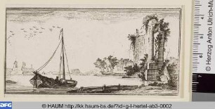 Seelandschaft mit Segelboot und Ruine