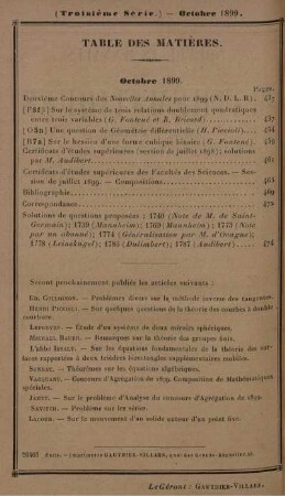Table des matières. Octobre 1899.