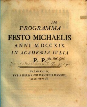 Programma festo Michaelis in academia Iulia PP. : [Inest exegesis Psalmi XCI.]