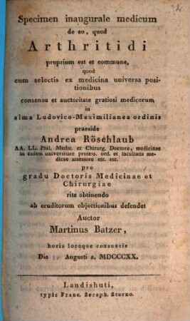 Specimen inaugaurule medicum de eo, quod arthritidi proprium est et commune