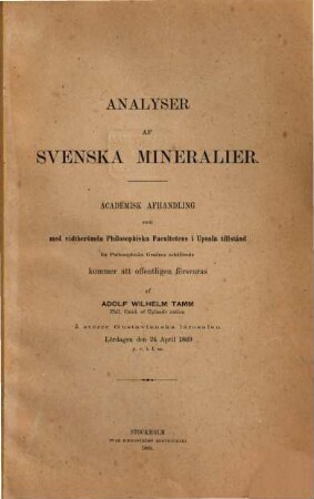 Analyser af Svenska mineralier : Akademisk Afhandling