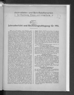 1911: Jahresbericht und Rechnungsablegung für 1911