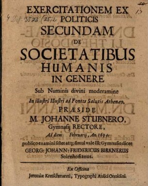 Exercitationum ex politicis secundam de societatibus humanis in genere