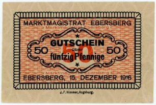 Geldschein / Notgeld, 50 Pfennig, Neudruck der Gutscheine mit Datum 15.12.1916