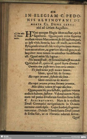 In Elegiam C. Pedonis Albinovani De Morte Cl. Drusi Germanici ad Liviam Augustam
