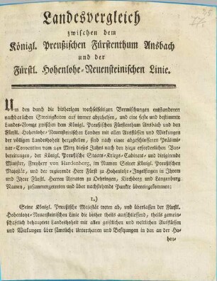 Landesvergleich zwischen dem Königl. Preußischen Fürstenthum Ansbach und der Fürstl. Hohenlohe-Neuensteinischen Linie