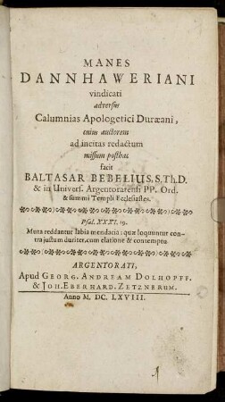 Manes Dannhaweriani vindicati adversus Calumnias Apologetici Duraeani,