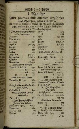 I Register Aller Journale und anderer dergleichen durch Theile fortgesetzten Schrifften.
