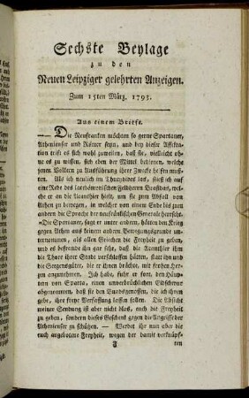 Sechste Beylage zu den Neuen Leipziger gelehrten Anzeigen. Zum 15ten März 1793.