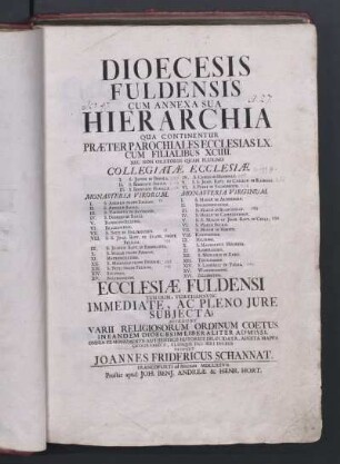 Dioecesis Fuldensis Cum Annexa Sua Hierarchia : qua continentur Praeter Parochiales Ecclesias LX. Cum Filialibus XCIIII. Nec Non Oratoriis Quam Plurimis Collegiatae Ecclesiae I. S. Jacobi In Borsla ... Ecclesiae Fuldensi Tum Olim, Tum Etiamnunc Immediate, Ac Pleno Iure Subiecta ...