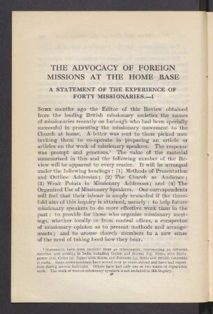 The advocacy of foreign missions at the home base. A statement of the experience of forty missionaries