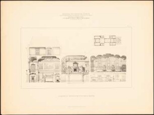 Klubhaus: Grundriss, Längsschnitt (aus: Samml. architekt. Entwürfe d. Studierenden der TH Berlin, 1881-1882, hrsg.v. Herrmann Ende)