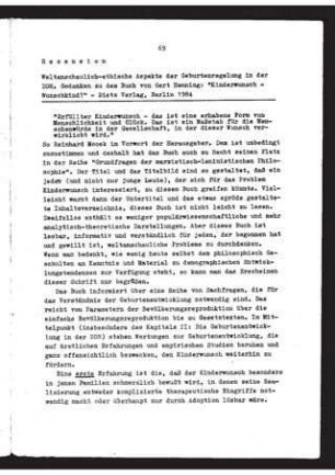 Rezension. Weltanschaulich-ethische Aspekte der Geburtenregelung in der DDR. Gedanken zu dem Buch von Henning, Gert : Kinderwunsch = Wunschkind?, Berlin: Dietz Verlag 1984