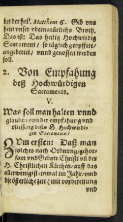 2. Von Empfahung deß Hochwürdigen Sacraments.