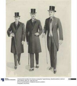 Drei Herren in eleganter Tageskleidung: Stadtchesterfield, Gehrock und Cutaway