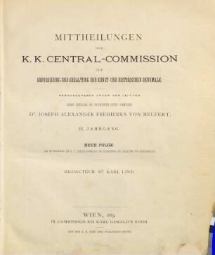 Mitteilungen der K.K. Zentral-Kommission zur Erforschung und Erhaltung der Kunst- und Historischen Denkmale. 9. 1883