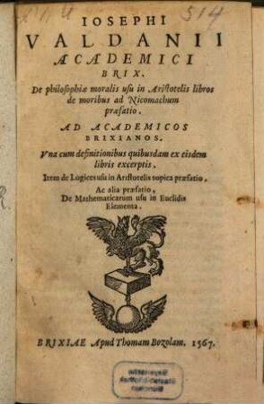 De philosophiae moralis usu in Aristotelis libros de moribus praefatio