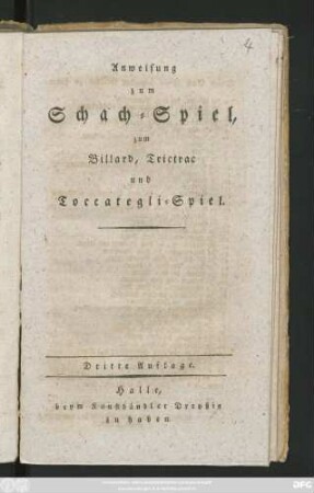 Anweisung zum Schach-Spiel, zum Billard, Trictrac und Toccategli-Spiel