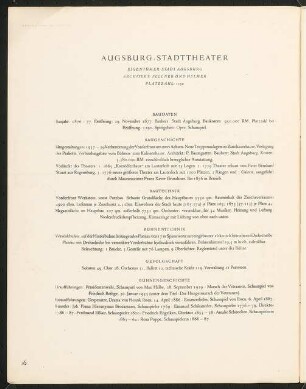Satzspiegelvariante für das Handbuch "Das Deutsche Theater" für Stadttheater Augsburg, Stadttheater Bernburg und Schillertheater Berlin: Baudaten, Längsschnitt und Grundriss (Entwurf C), mehrseitiges Dokument